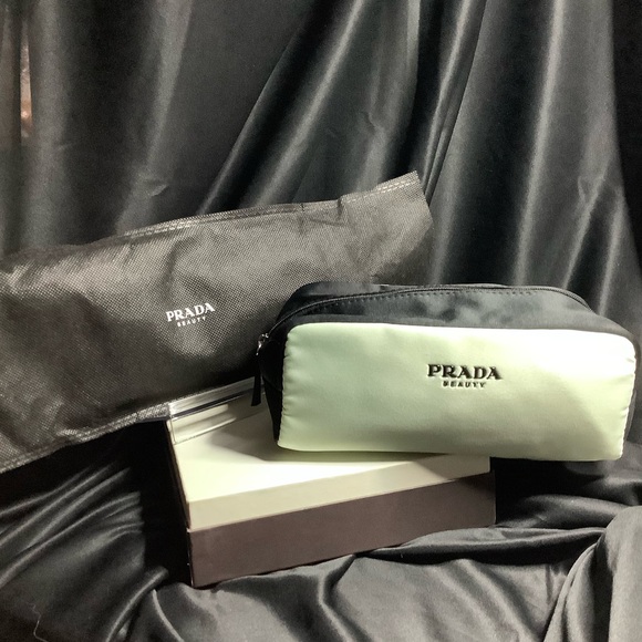 PRADA BEAUTY POUCH AND DUST BAG MINT GREEN AND BLACK  7.5L X 4D X 3.25TALL - Picture 1 of 5